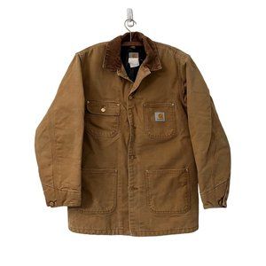 Vintage Carhartt Tan USA Blanket Lined Chore Coat Corduroy Collar Mens Small